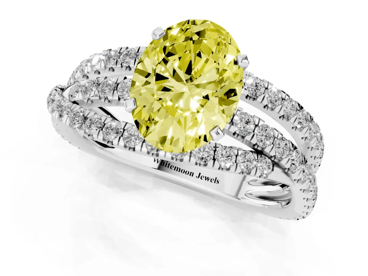 Fancy Yellow Oval Cut Solitaire Twist Band with Pavé Setting and Four-Prong Setting Silver