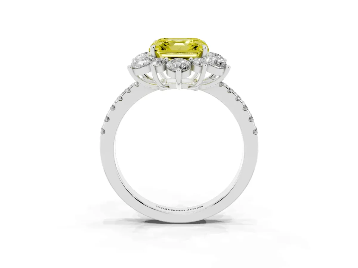 Fancy Yellow Asscher Cut Diamond Floral Halo Ring with Round Pavé Band and Prong Setting White gold
