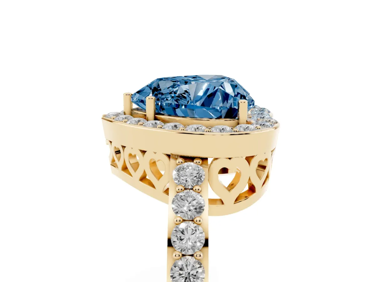 Fancy Blue Heart Cut Halo Diamond Pavé Band Ring with Prong Setting Yellow gold