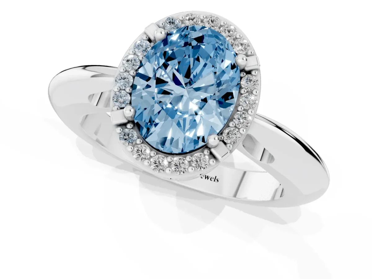 Fancy Blue Oval Cut Cut Diamond Halo Engagement Ring with Split Shank and Four-Prong Setting Silver