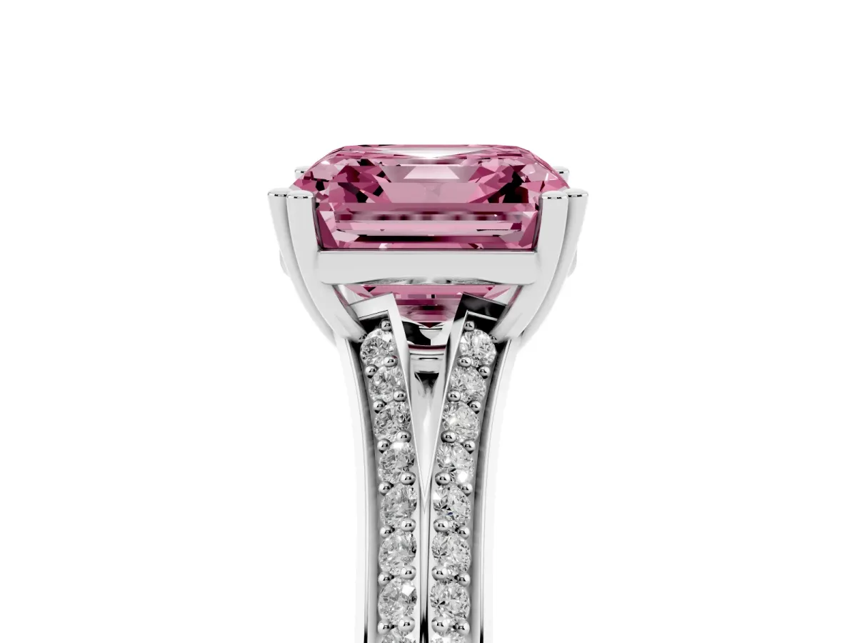Fancy Pink Asscher Cut Diamond Split Shank Engagement Ring with Pavé Band Silver