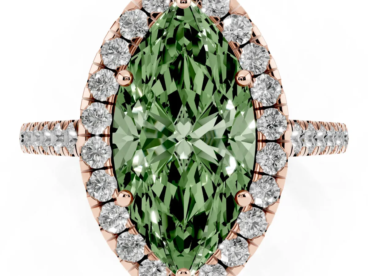 Fancy Green Marquise Cut Halo Pave Diamond Engagement Ring with Four-Prong Setting Rose gold