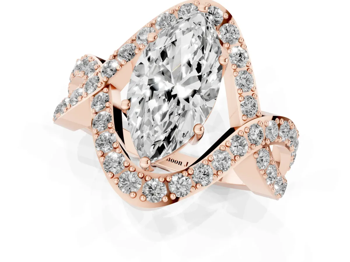Marquise Cut Solitaire Twist Band Pavé Diamond Engagement Ring Rose gold