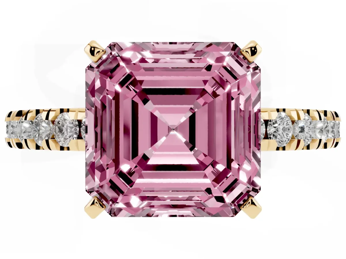 Fancy Pink Asscher Cut Solitaire Diamond with Pavé Band and Four-Prong Setting Yellow gold