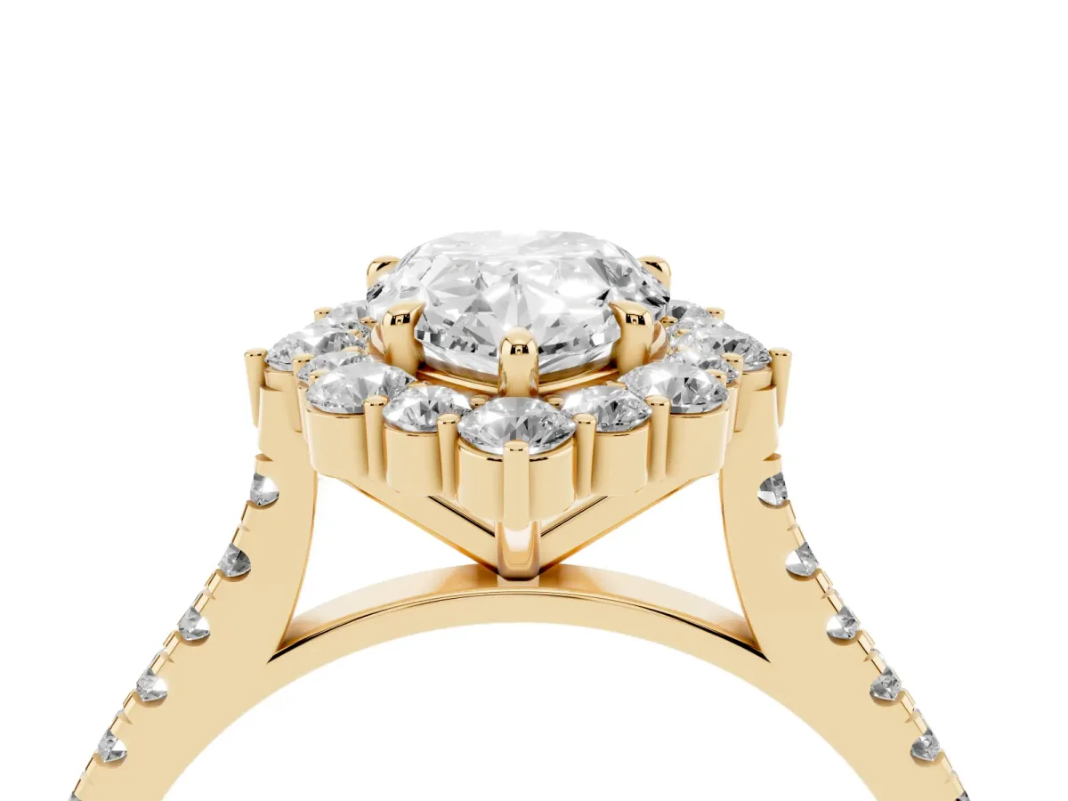 Pear Cut Halo Diamond Ring with Pavé Band and Prong Setting Yellow gold