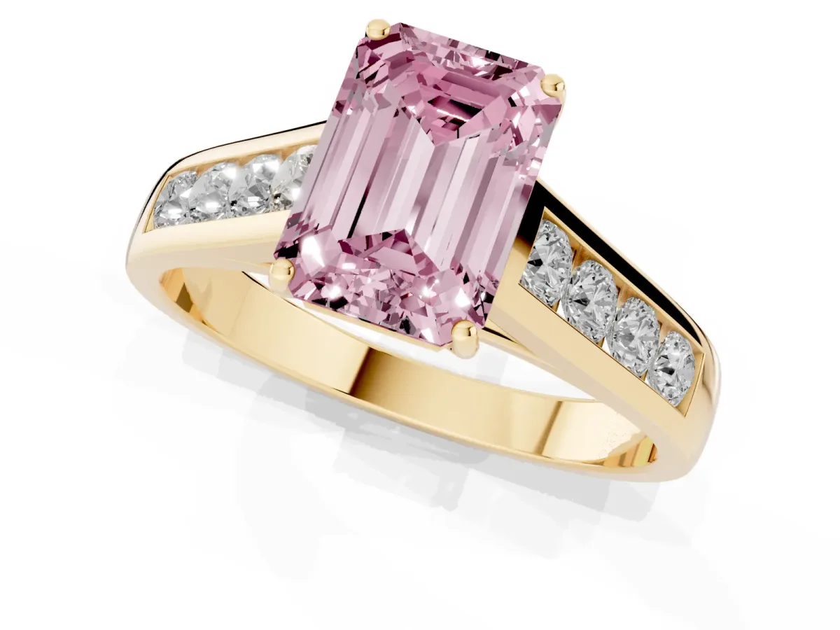Fancy Pink Emerald Cut Brilliant Channel-Set Solitaire Ring with Four-Prong Setting Yellow gold