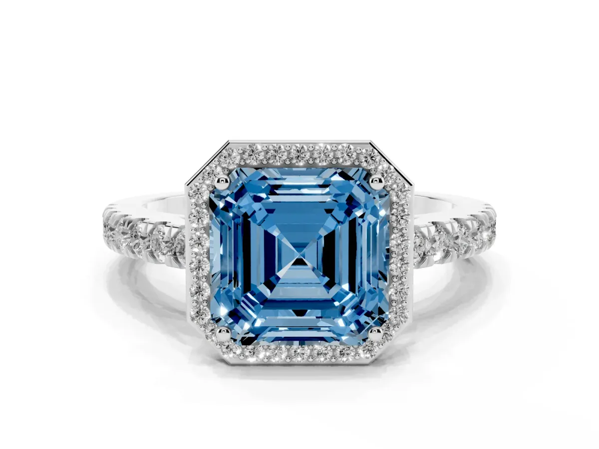 Fancy Blue Asscher Cut Cut Halo Diamond Engagement Ring with Pave Band and Four-Prong Setting Platinum