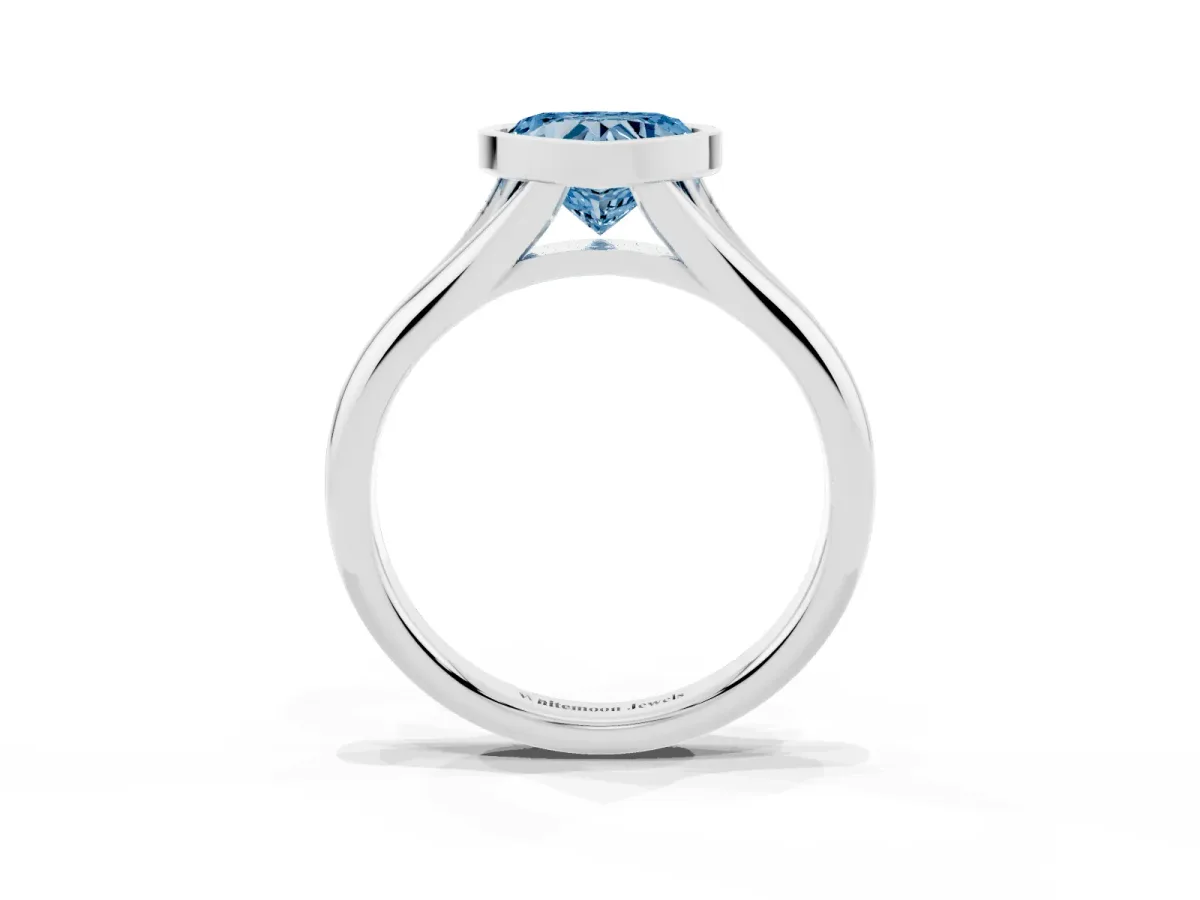 Fancy Blue Bezel Set Heart Cut Solitaire Diamond Ring with Smooth Band Platinum
