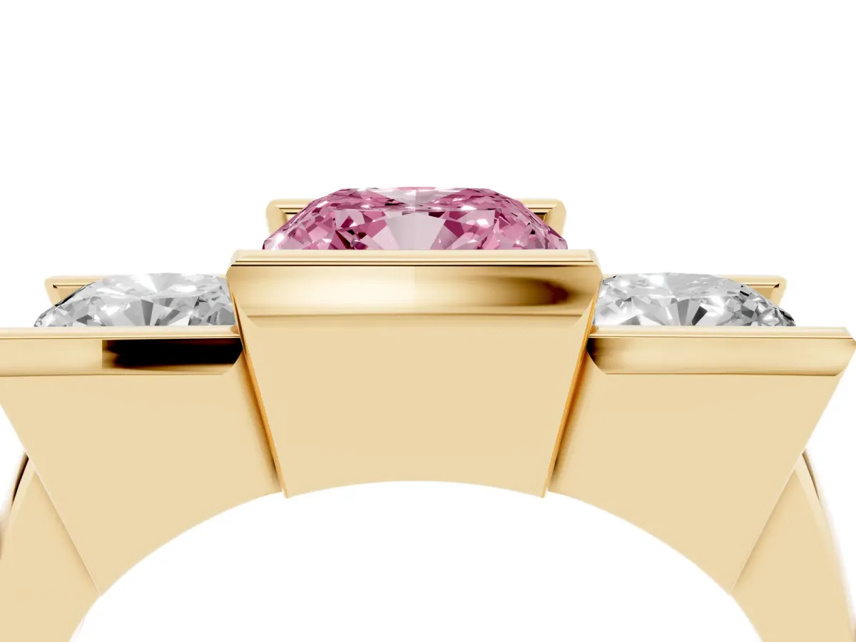 Fancy Pink Three Stone Cushion Cut Cut Channel Set Diamond Ring Yellow gold