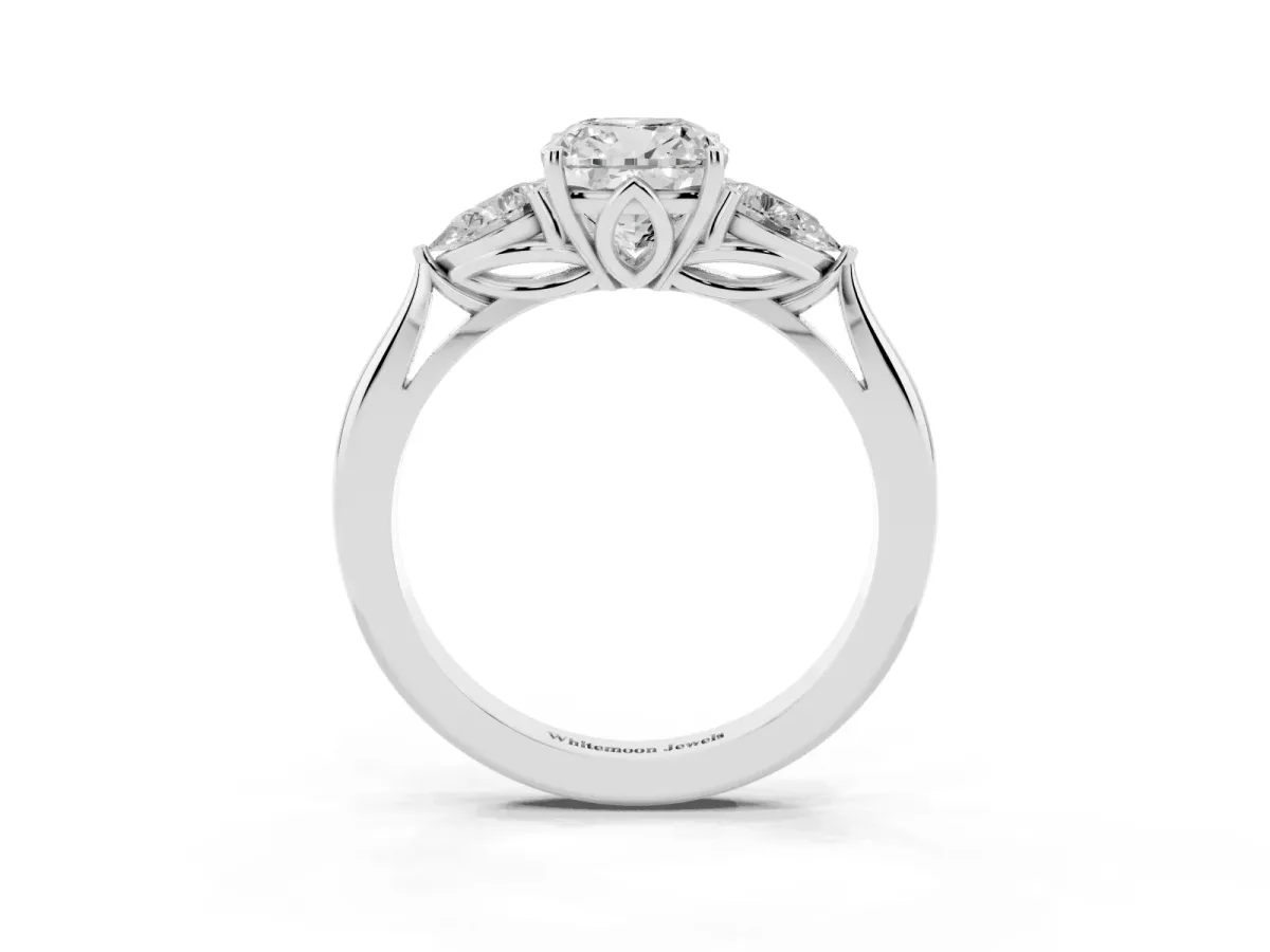 Cushion Cut Diamond Three-Stone Ring with Pear Side Stones and Prong Setting Platinum