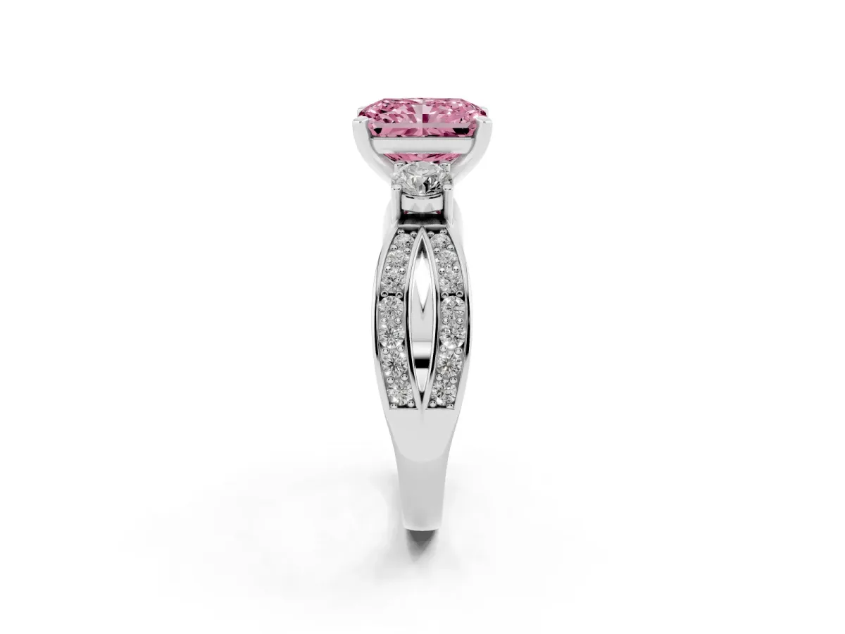 Fancy Pink Three-Stone Radiant Cut Cut Diamond Twist Band with Prong Setting Silver