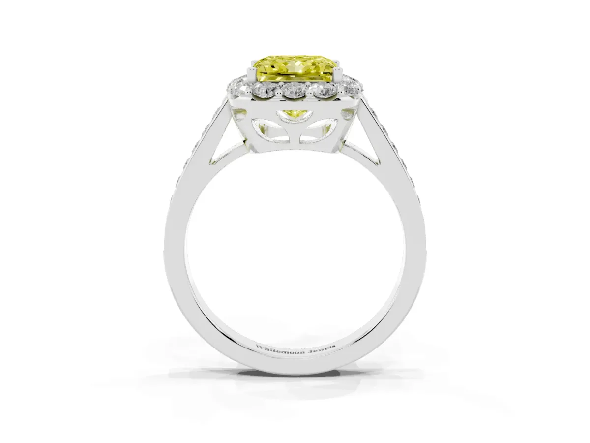 Fancy Yellow Princess Cut Diamond Floral Halo Ring with Pavé Band and Prong Setting White gold