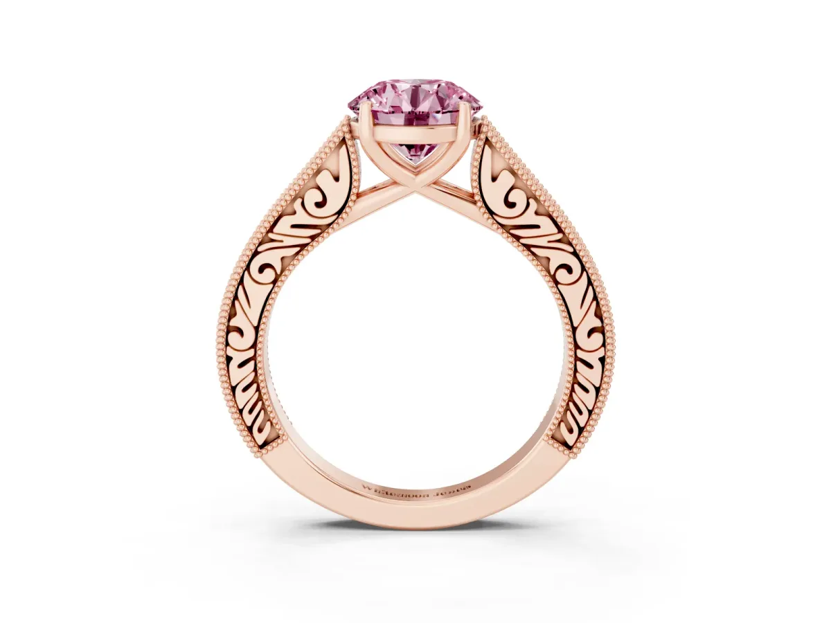 Fancy Pink Round Cut Cut Pave Band Milgrain Solitaire Ring Rose gold