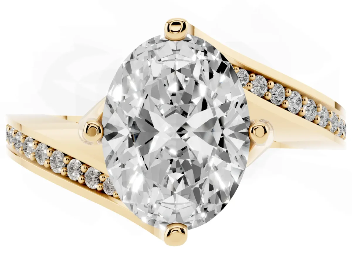 Oval Cut Solitaire Diamond Twist Band with Pavé Setting and Four-Prong Setting Yellow gold