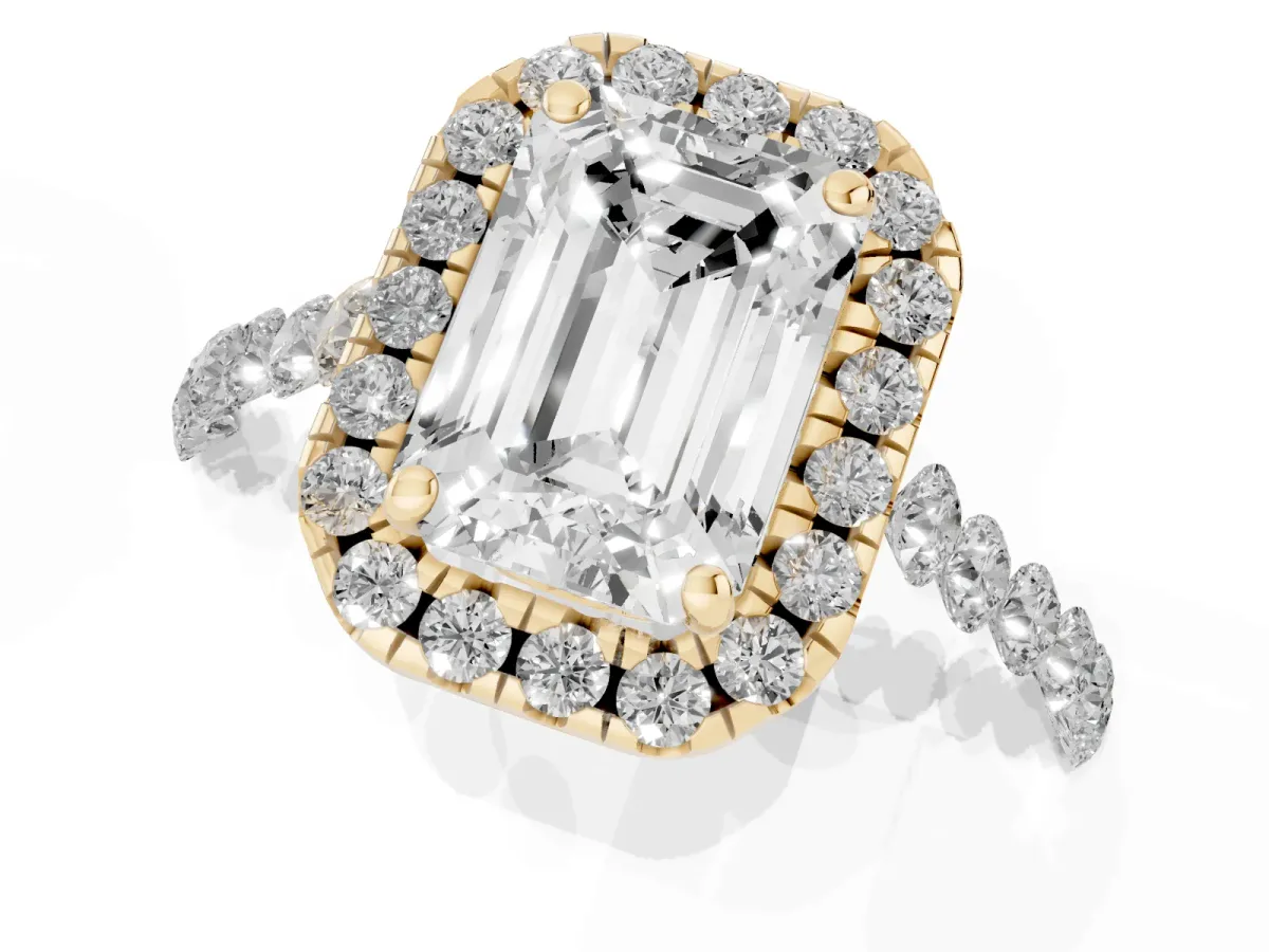 Emerald Cut Halo Pavé Diamond Engagement Ring with Four-Prong Setting Yellow gold