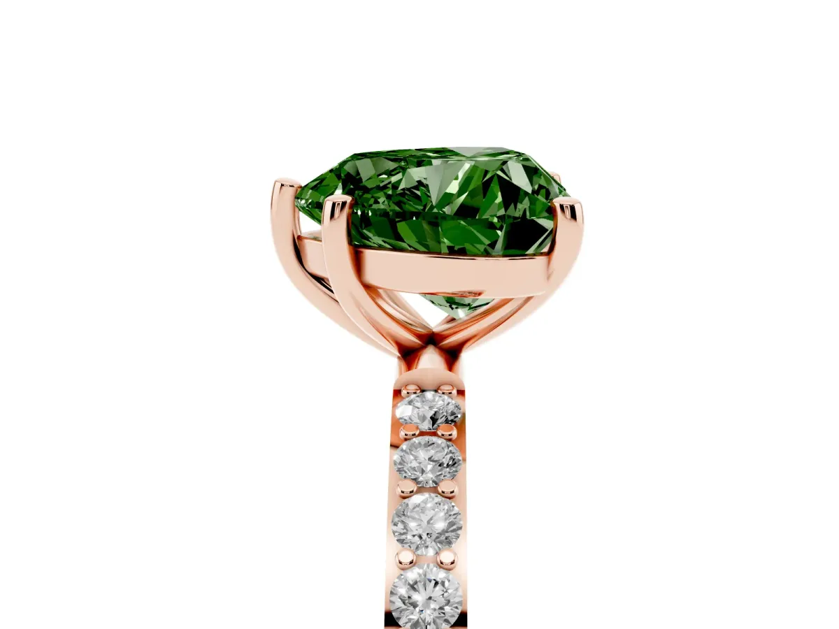 Fancy Green Heart Cut Diamond Solitaire Ring with Round Pavé Shoulders and Prong Setting Rose gold