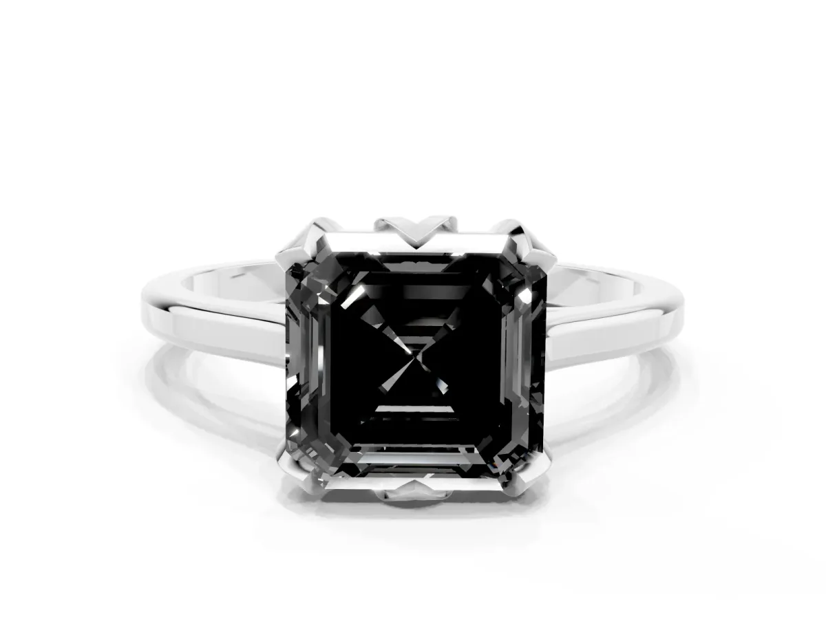 Fancy Black Asscher Cut Diamond Solitaire Ring with Flower Prong Setting and Classic Band Silver