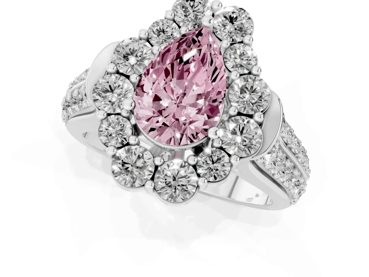 Fancy Pink Pear Cut Halo Diamond Engagement Ring with Split Shank and Prong Setting Platinum