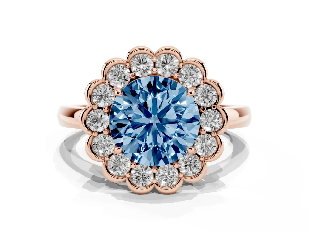 Fancy Blue Round Cut Halo Cluster Diamond Engagement Ring with Solitaire Band and Prong Setting Rose gold