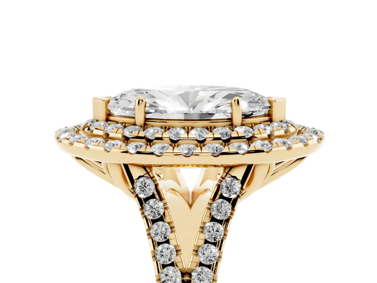 Double Halo Marquise Cut Diamond Pavé Split Shank Ring with Prong Setting Yellow gold