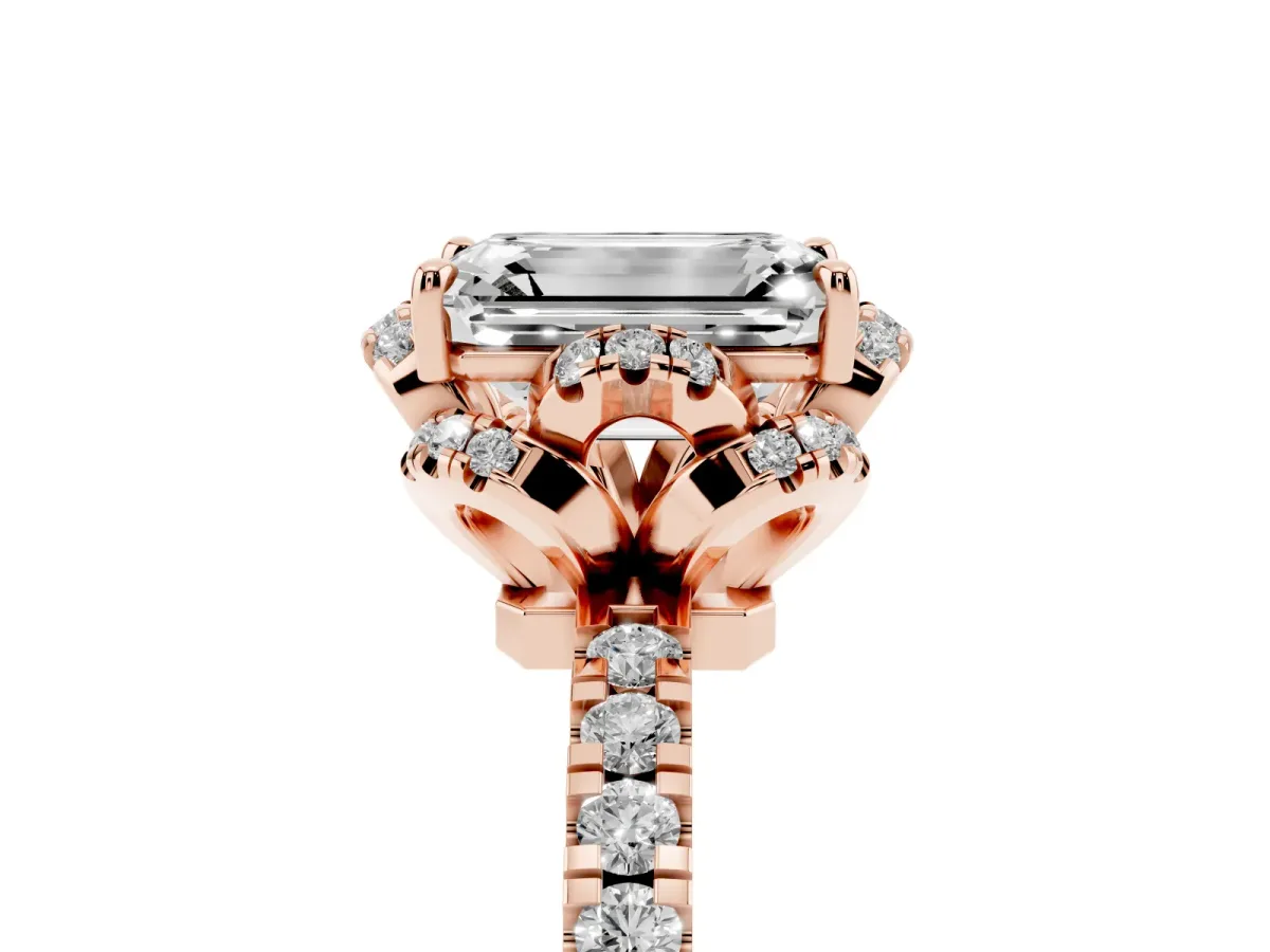 Emerald Cut Diamond Halo Pave Band with Four-Prong Setting Rose gold