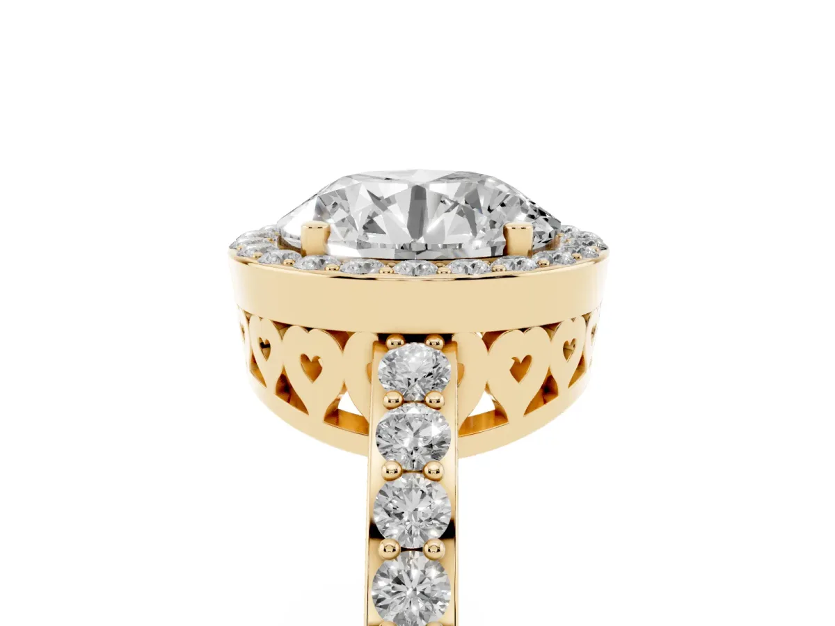 Round Cut Halo Diamond Pavé Band Ring with Prong Setting Yellow gold