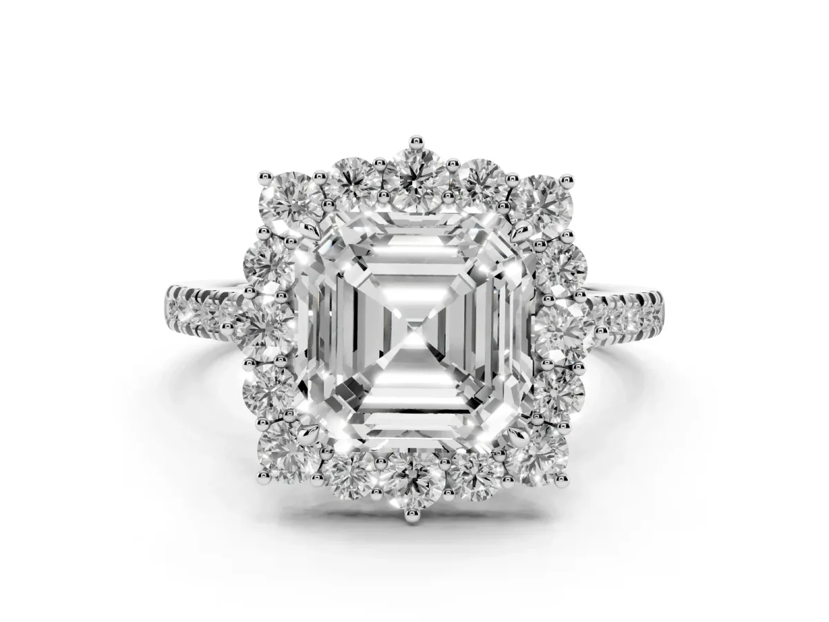 Asscher Cut Halo Diamond Ring with Pavé Band and Prong Setting Silver