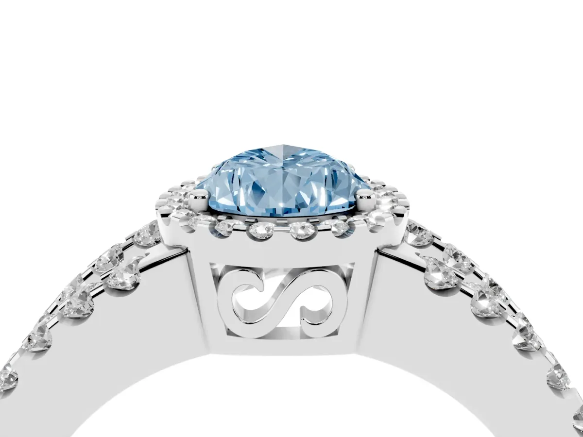 Fancy Blue Pear Cut Cut Halo Split Shank Diamond Ring with Four-Prong Setting Silver