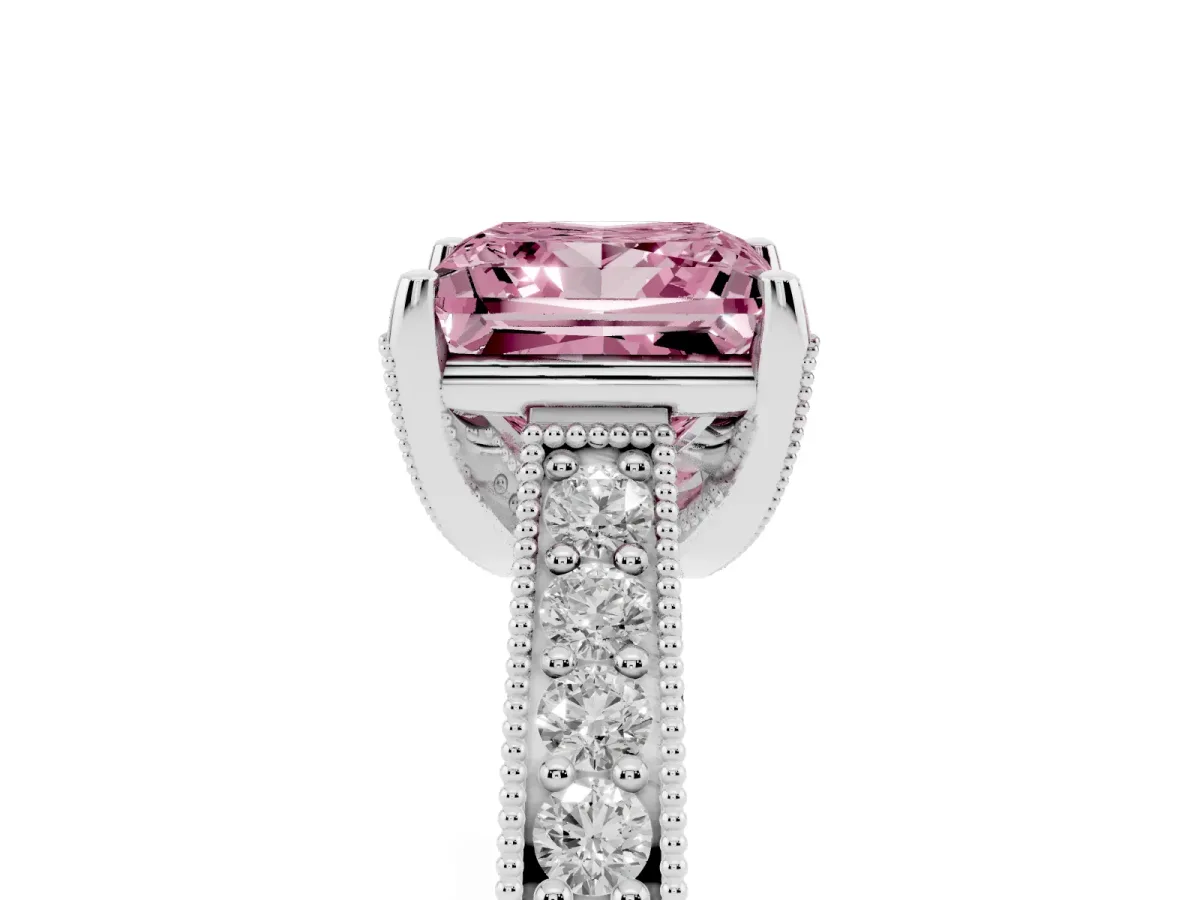 Fancy Pink Princess Cut Cut Diamond Solitaire Ring with Milgrain Pave Band and Four Prong Setting Silver