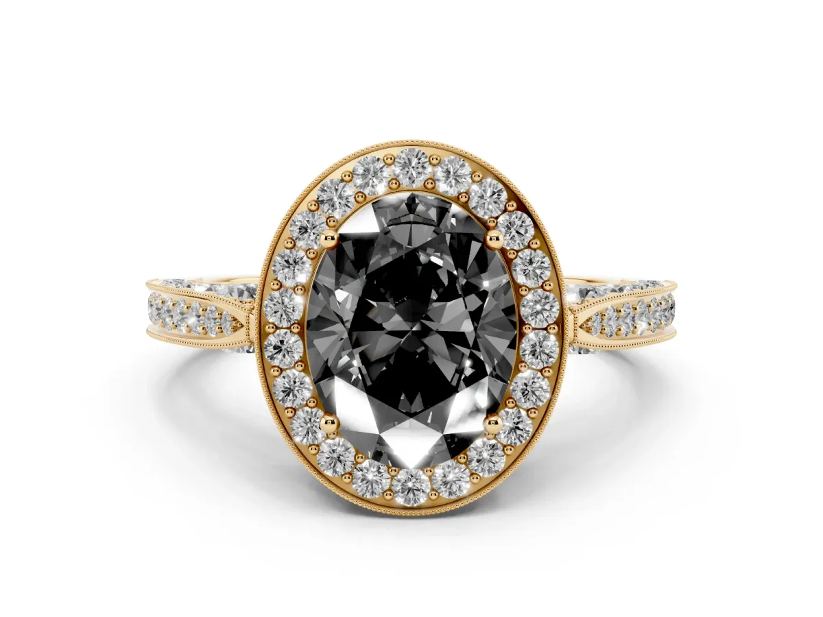 Fancy Black Oval Cut Halo Diamond Engagement Ring with Split Shank Band and Four-Prong Setting Yellow gold