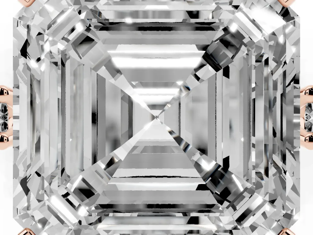 Asscher Cut Cut Three-Stone Solitaire Ring with Round Accent Diamonds and Four-Prong Setting Rose gold
