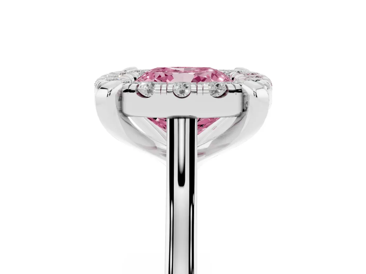 Fancy Pink Cushion Cut Diamond Cluster Halo Solitaire with Four-Prong Setting Silver