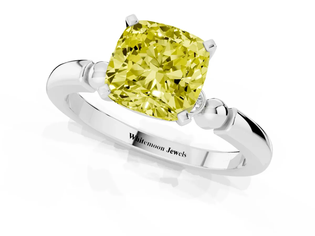 Fancy Yellow Cushion Cut Solitaire Beaded Band with Four-Prong Setting Silver