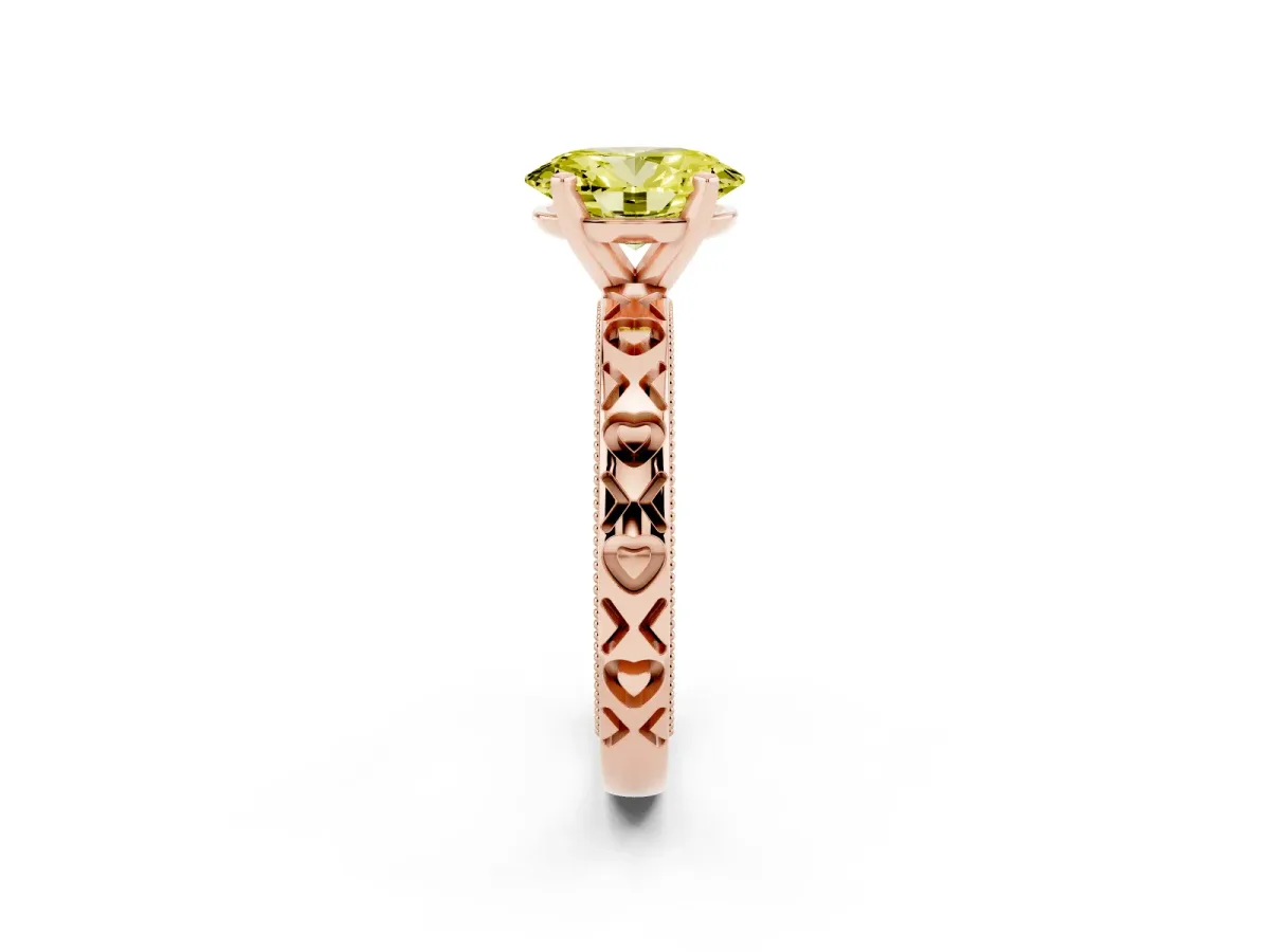 Fancy Yellow Oval Cut Solitaire Diamond Engagement Ring with XO Engraved Band and Four-Prong Setting Rose gold