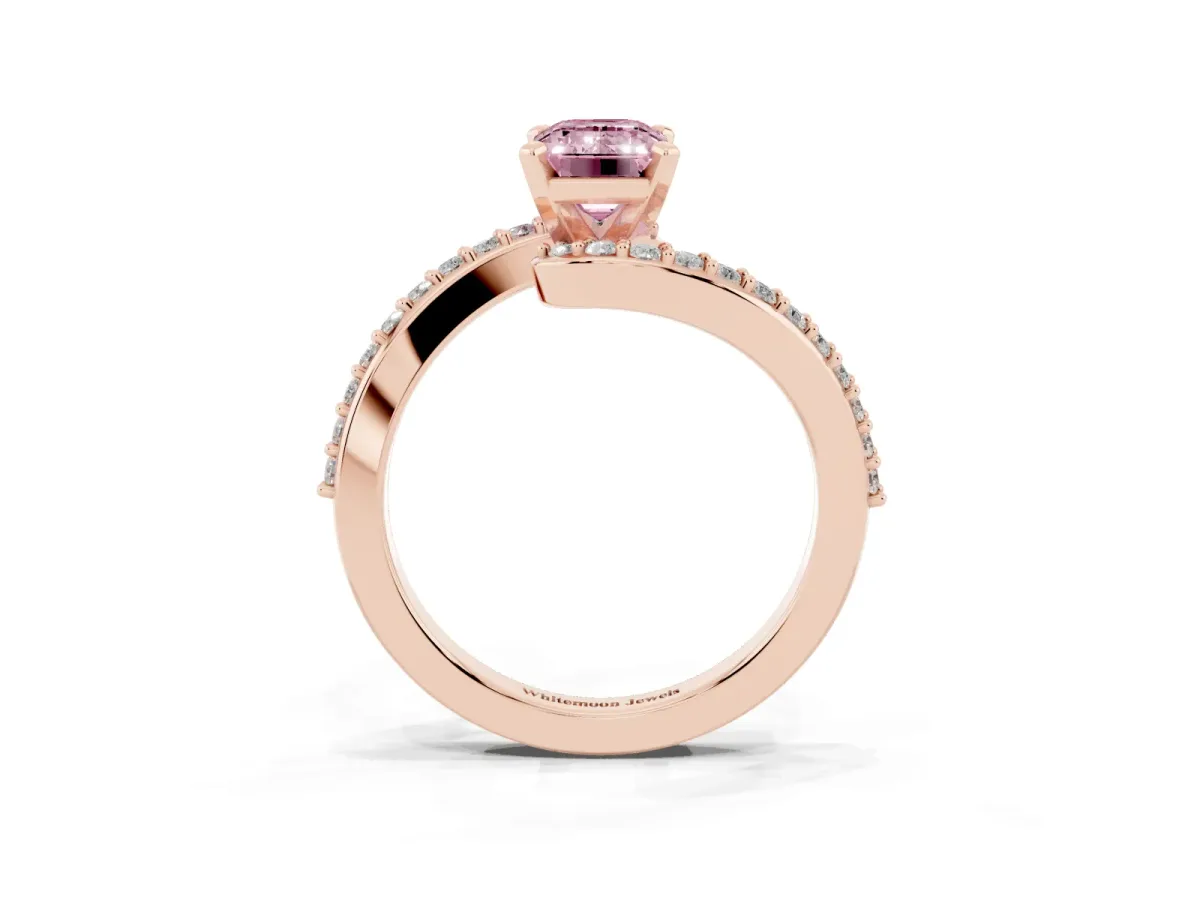 Fancy Pink Emerald Cut Solitaire Twist Band with Pave Set Diamonds and Four-Prong Setting Rose gold