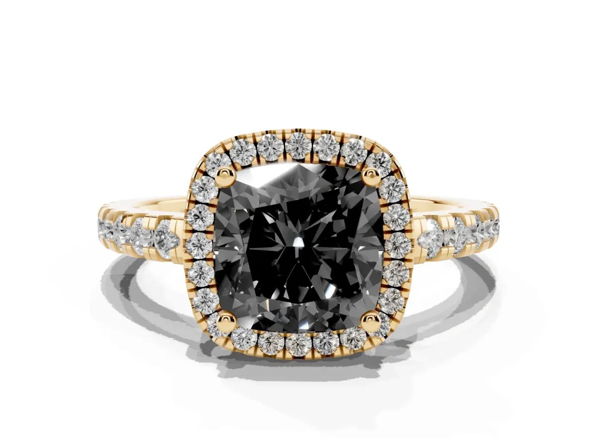 Fancy Black Cushion Cut Diamond Halo Ring with Pavé Band and Four-Prong Setting Yellow gold