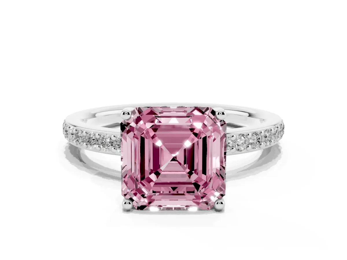 Fancy Pink Asscher Cut Cut Diamond Pavé Band Ring with Four-Prong Setting Platinum