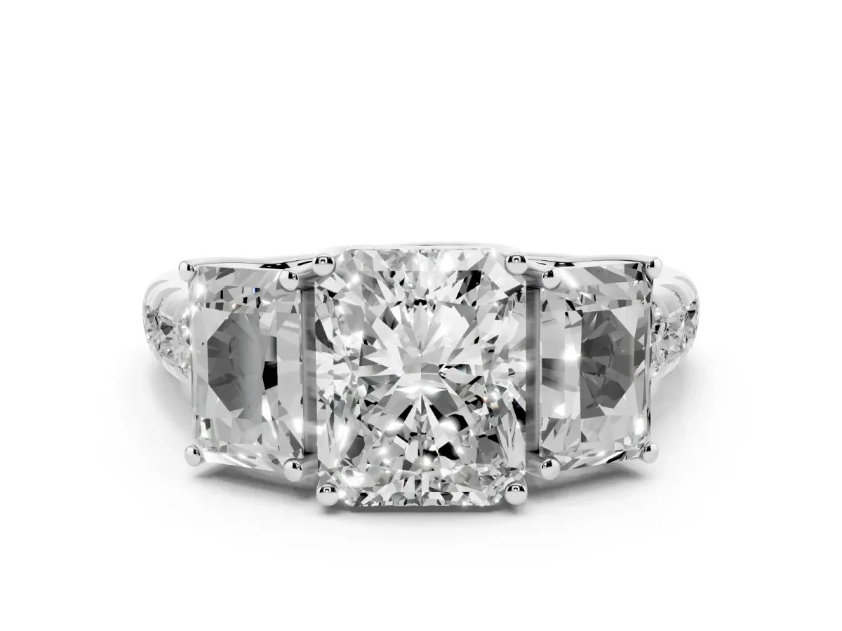 Three-Stone Radiant Cut Diamond Pavé Band with Prong Setting White gold