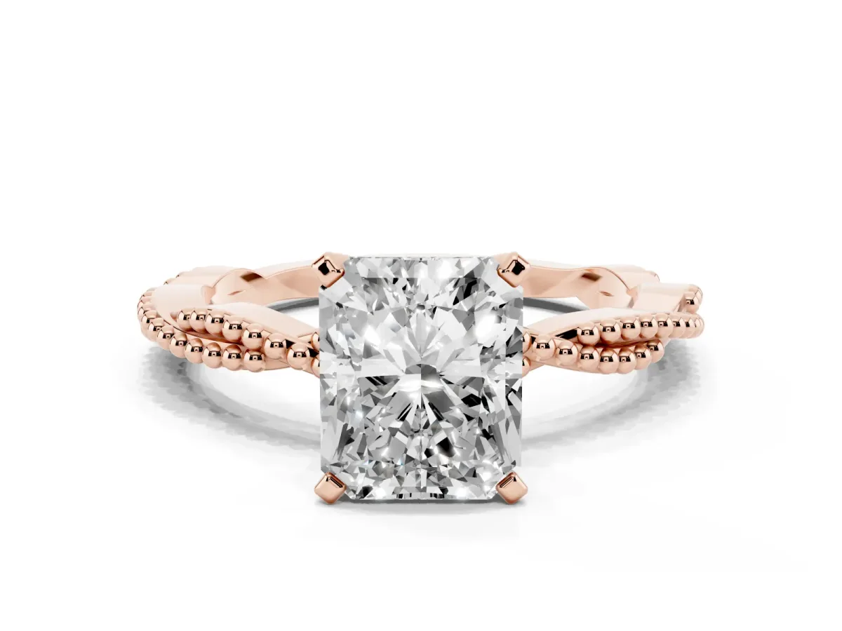 Radiant Cut Solitaire Twisted Band with Bead Prong Setting Rose gold