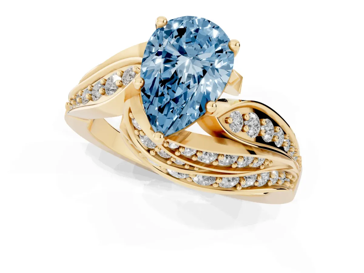 Fancy Blue Pear Cut Diamond Solitaire Ring with Prong Setting and Twisted Pavé Band Yellow gold