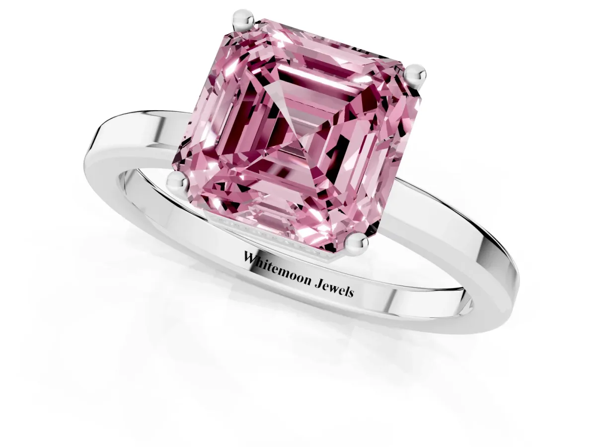 Fancy Pink Asscher Cut Cut Solitaire Engagement Ring with Four-Prong Setting on a Classic Band Silver