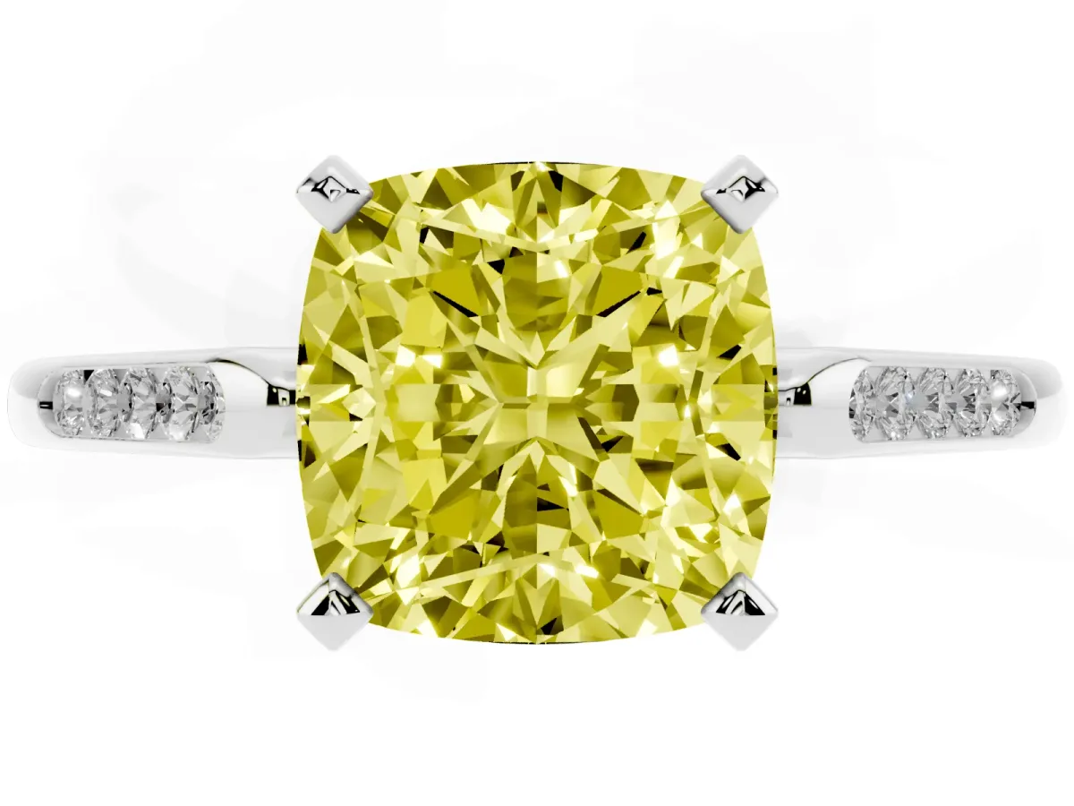 Fancy Yellow Cushion Cut Diamond Solitaire Ring with Channel Set Round Band and Prong Setting Silver