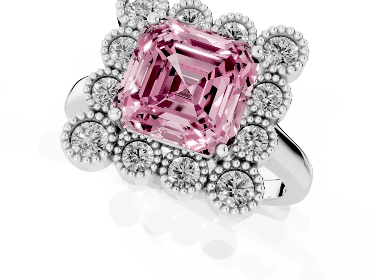 Fancy Pink Asscher Cut Halo Diamond Cluster Engagement Ring with Milgrain Bezel Setting and Solitaire Band Platinum