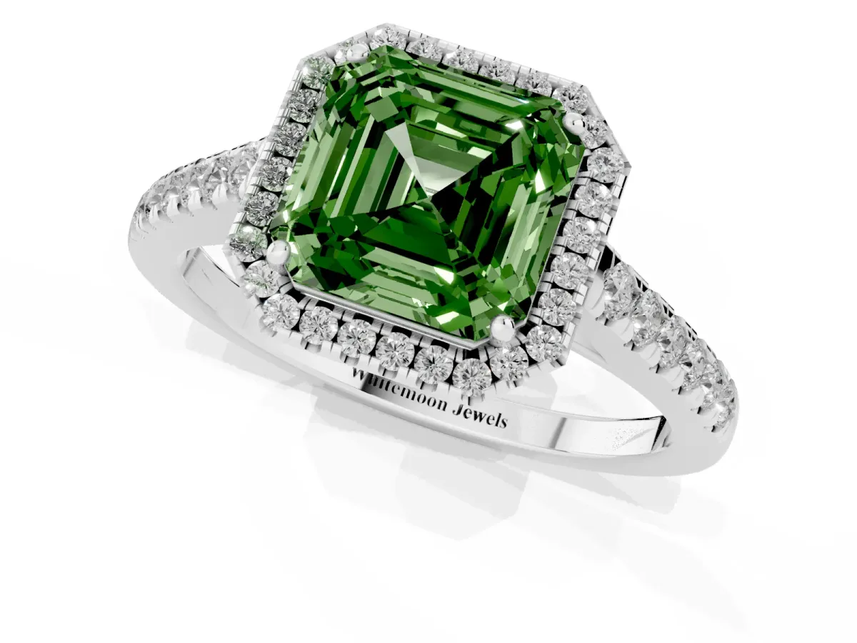 Fancy Green Asscher Cut Halo Pave Diamond Engagement Ring with Four-Prong Setting Platinum
