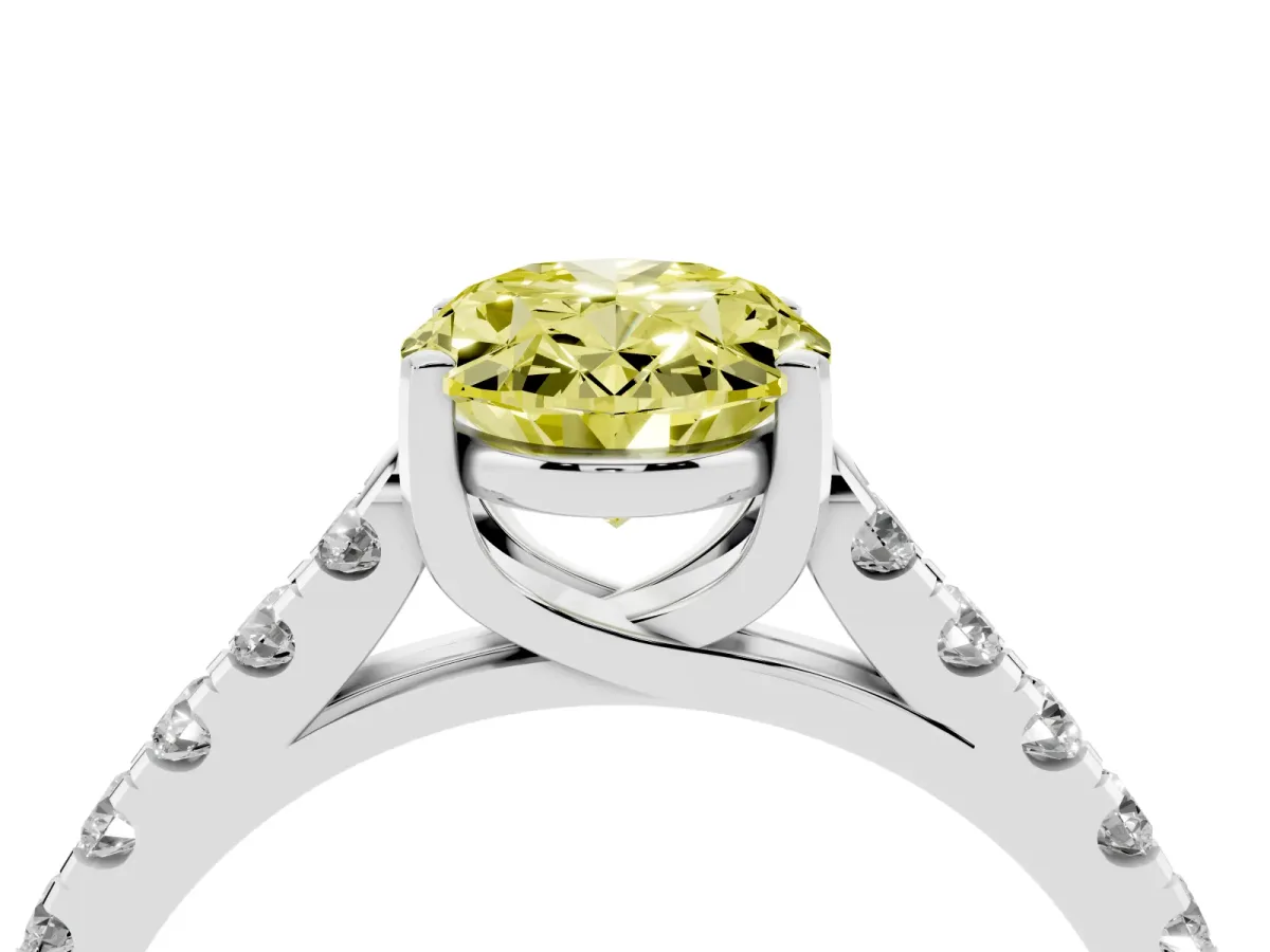 Fancy Yellow Oval Cut Diamond Pavé Band Solitaire Ring with Prong Setting Silver