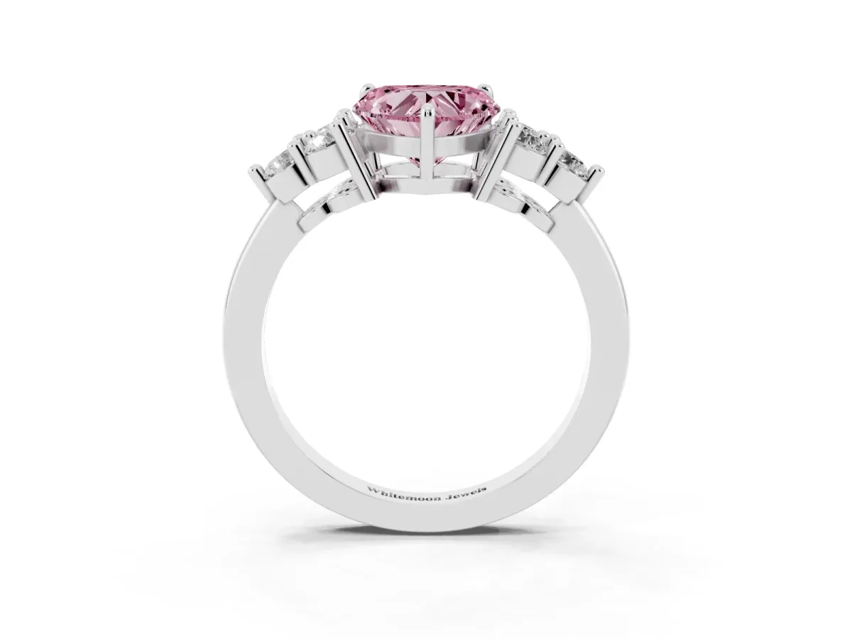 Fancy Pink Heart Cut Brilliant Diamond Cluster Accent Solitaire Ring with Prong Setting Silver