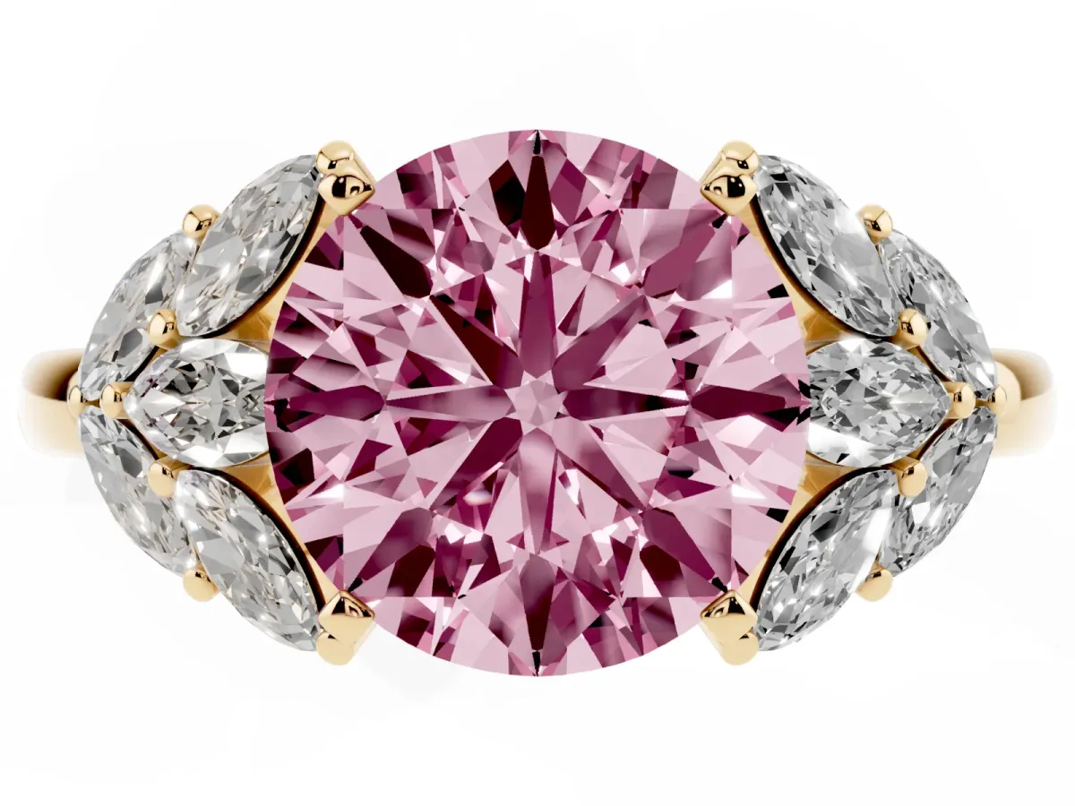Fancy Pink Round Cut Diamond Cluster Leaf Design Ring with Prong Setting Yellow gold