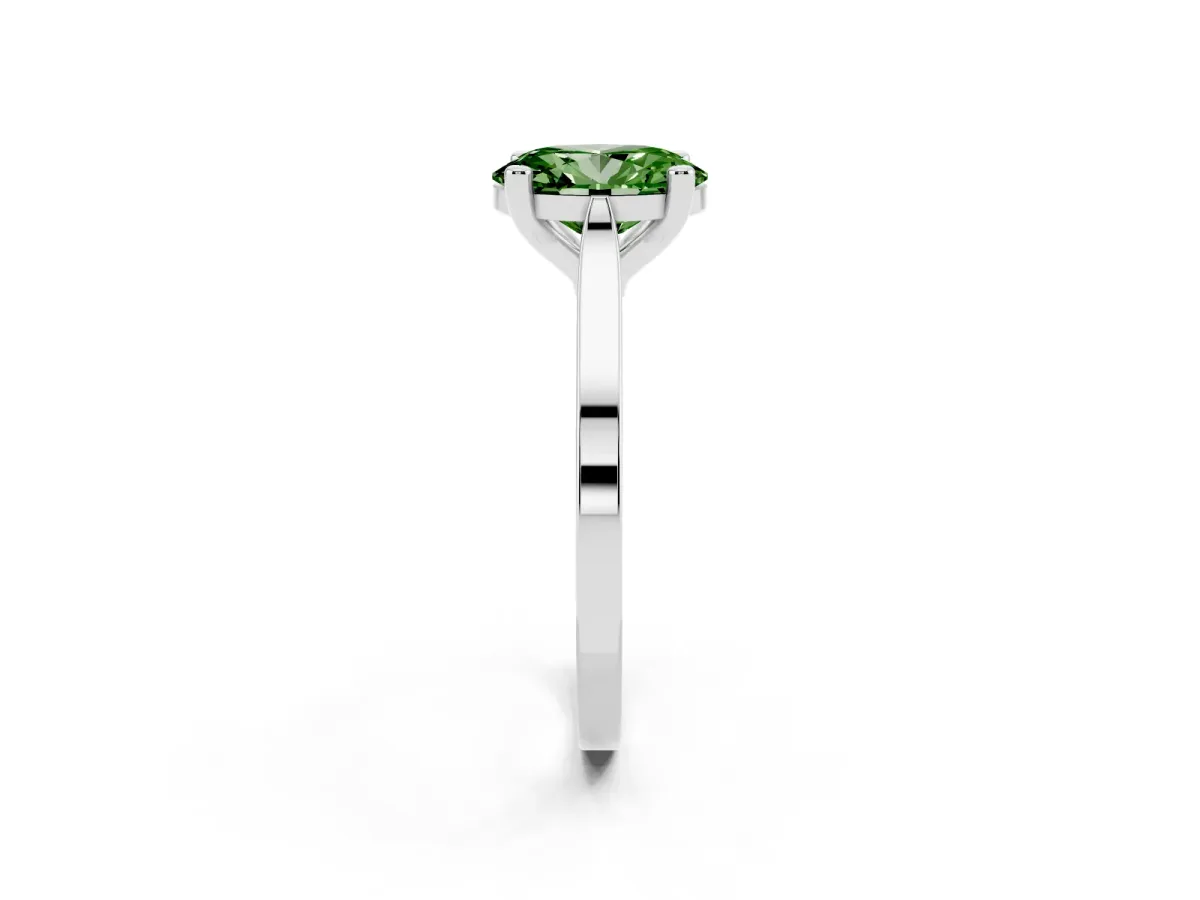 Fancy Green Oval Cut Solitaire Diamond Ring with Four-Prong Setting and Tapered Band Platinum