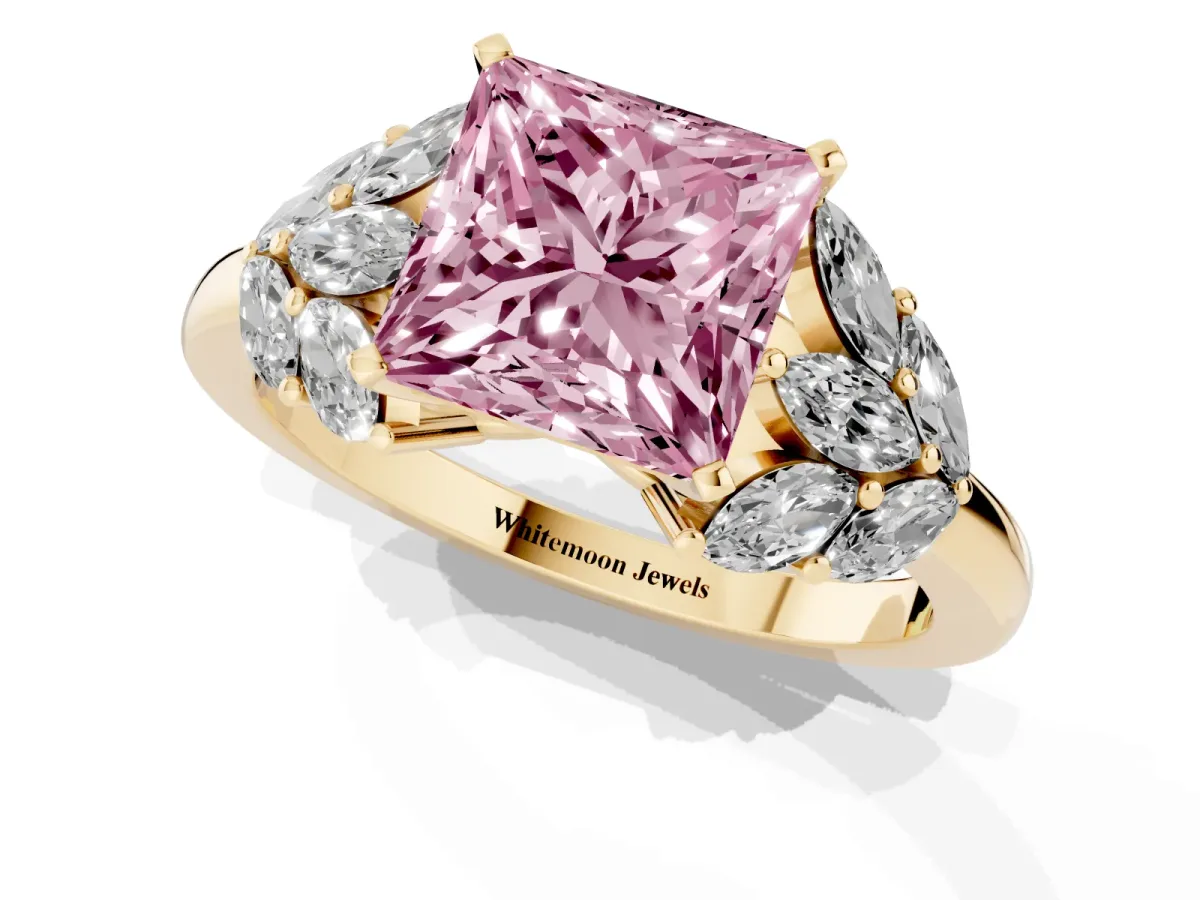 Fancy Pink Princess Cut Diamond Cluster Leaf Design Ring with Prong Setting Yellow gold