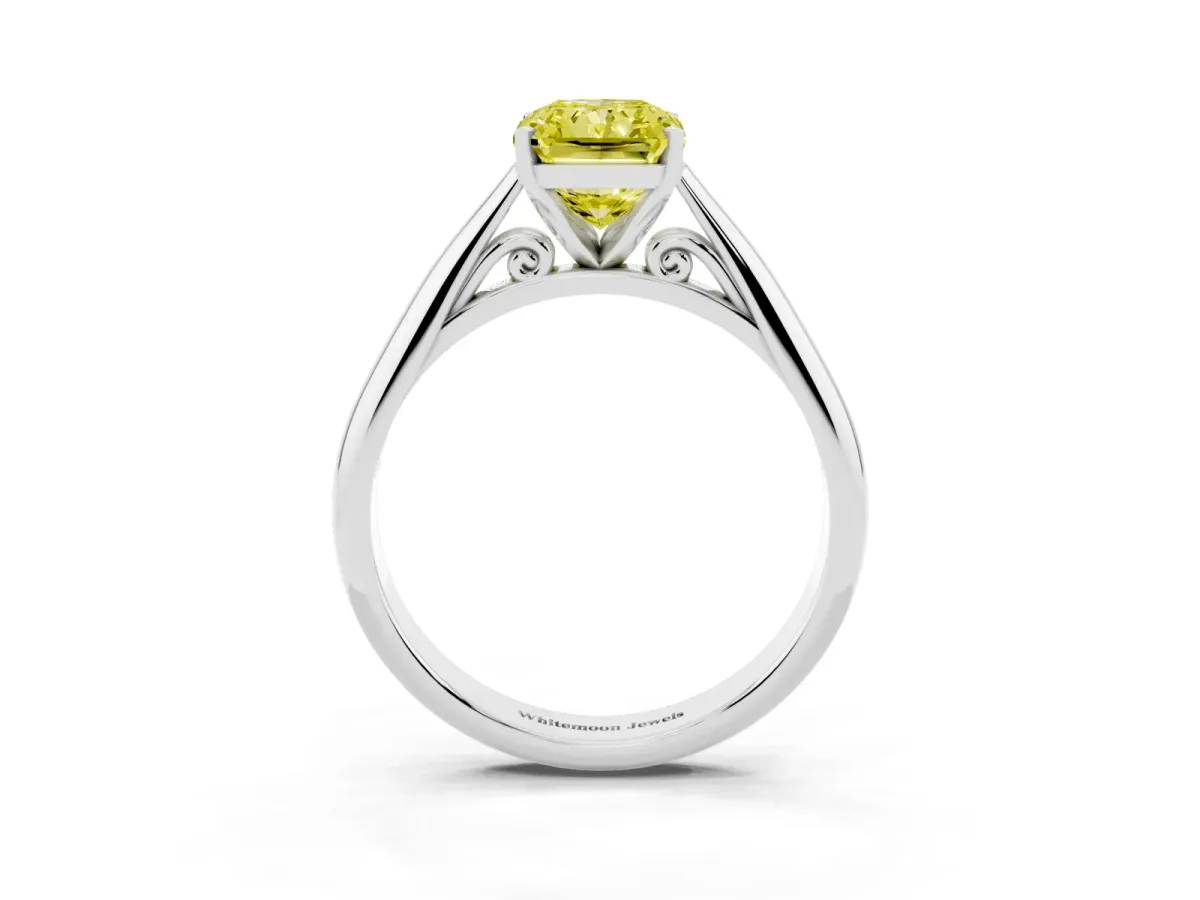 Fancy Yellow Radiant Cut Diamond Solitaire Engagement Ring with Cathedral Setting and Four-Prong Mount Silver